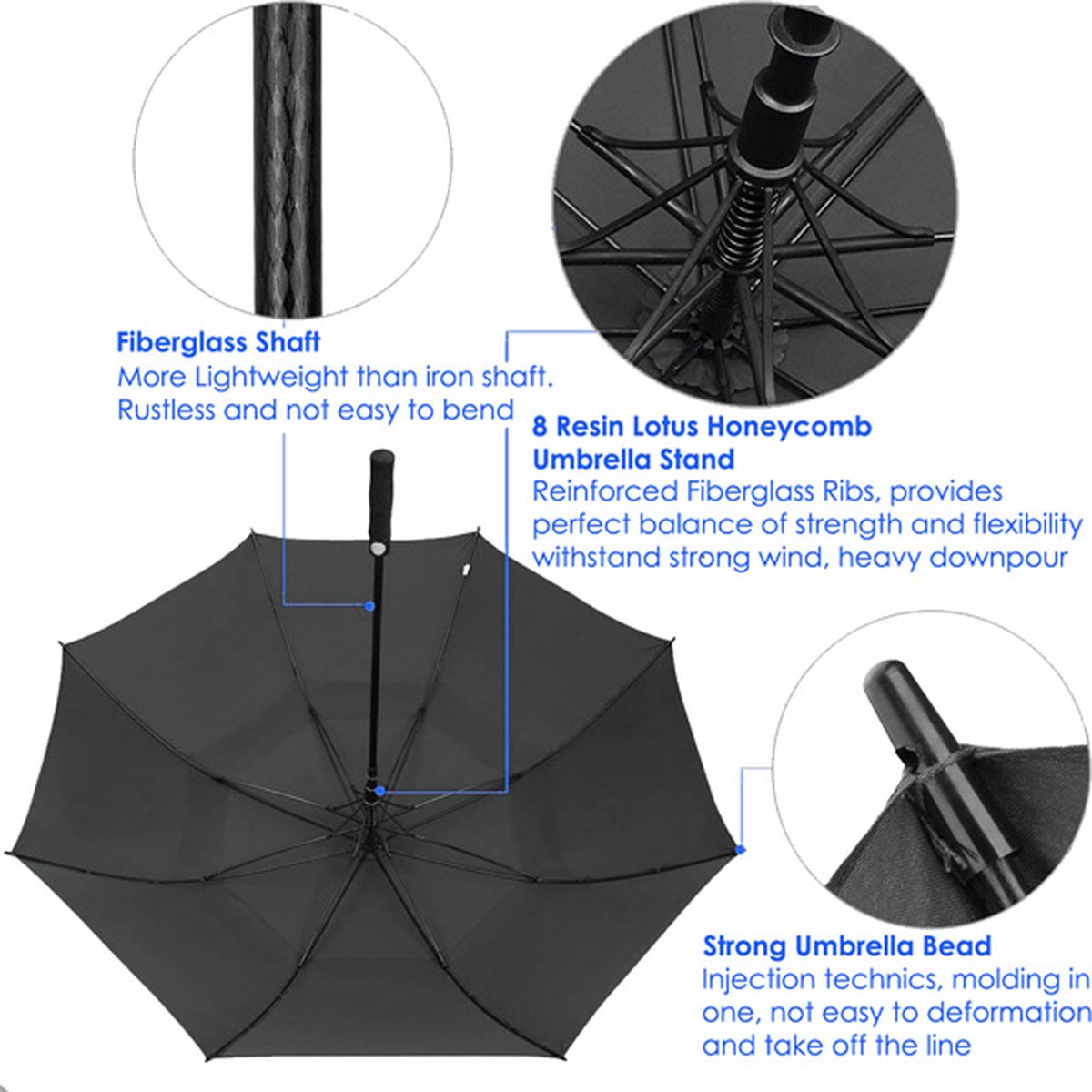 Beefree paraplu XL - 100% glasvezel frame - windproof - zwart Ø 125cm