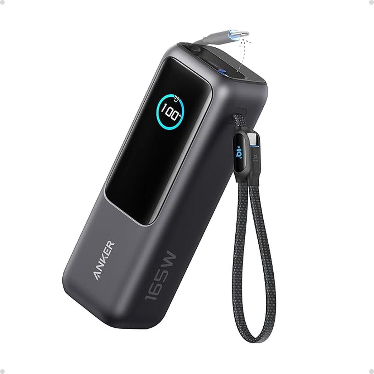 Anker PowerCore 25K Powerbank 25.000mAh - 165W - 3x 100W USB-C Poorten - Zwart - Ingebouwde Intrekbare Kabels - Real-Time Smart Display - Vliegtuigvriendelijk Ontwerp