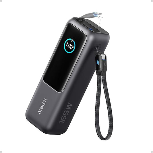 Anker PowerCore 25K Powerbank 25.000mAh - 165W - 3x 100W USB-C Poorten - Zwart - Ingebouwde Intrekbare Kabels - Real-Time Smart Display - Vliegtuigvriendelijk Ontwerp