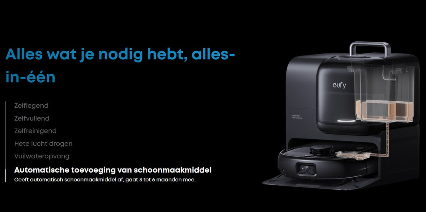 eufy Robotstofzuiger Omni E28, draagbare dieptereiniger, HydroJet systeem, 20.000 Pa zuigkracht, DuoSpiral ontklittende borstels, CornerRover arm, alles-in-één station