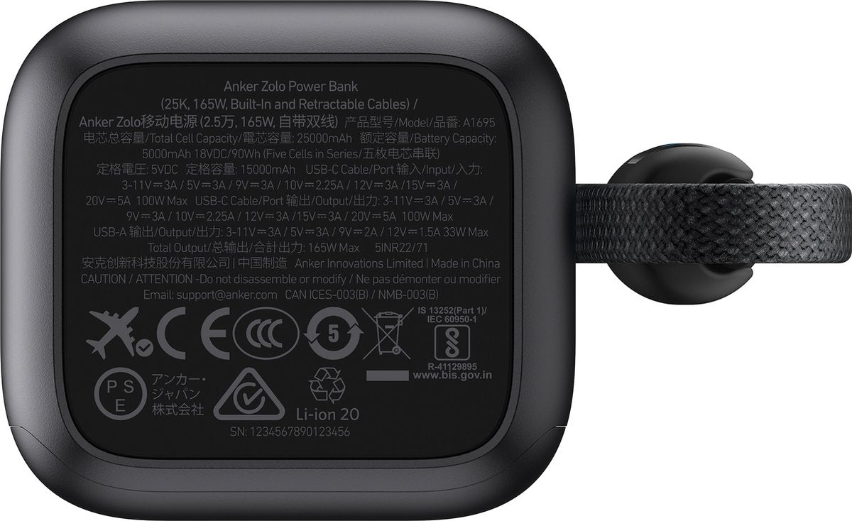 Anker PowerCore 25K Powerbank 25.000mAh - 165W - 3x 100W USB-C Poorten - Zwart - Ingebouwde Intrekbare Kabels - Real-Time Smart Display - Vliegtuigvriendelijk Ontwerp