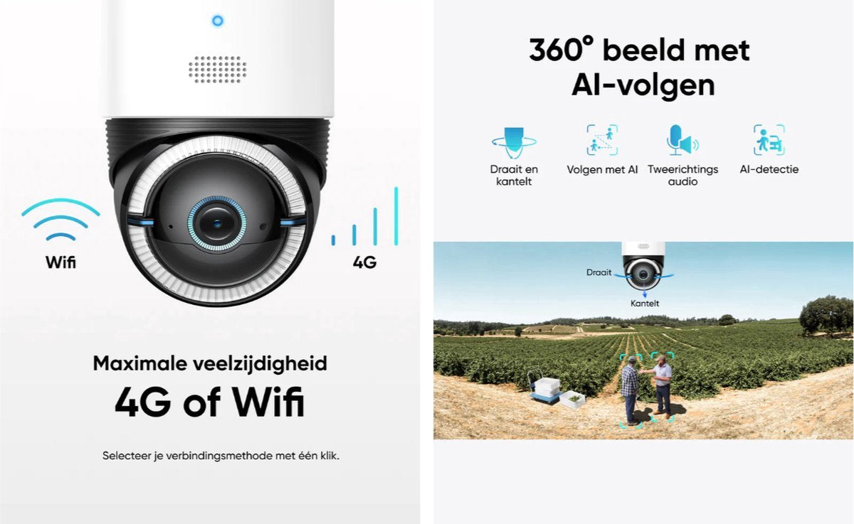 2*eufy 4G LTE S330 Camera - met WiFi - 4K Pan&Tilt - Volkomen draadloos met zonnepaneel - AI Tracking en 4G verbinding met simkaart