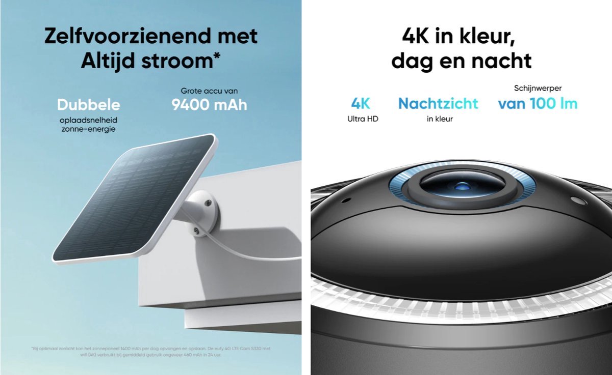 2*eufy 4G LTE S330 Camera - met WiFi - 4K Pan&Tilt - Volkomen draadloos met zonnepaneel - AI Tracking en 4G verbinding met simkaart