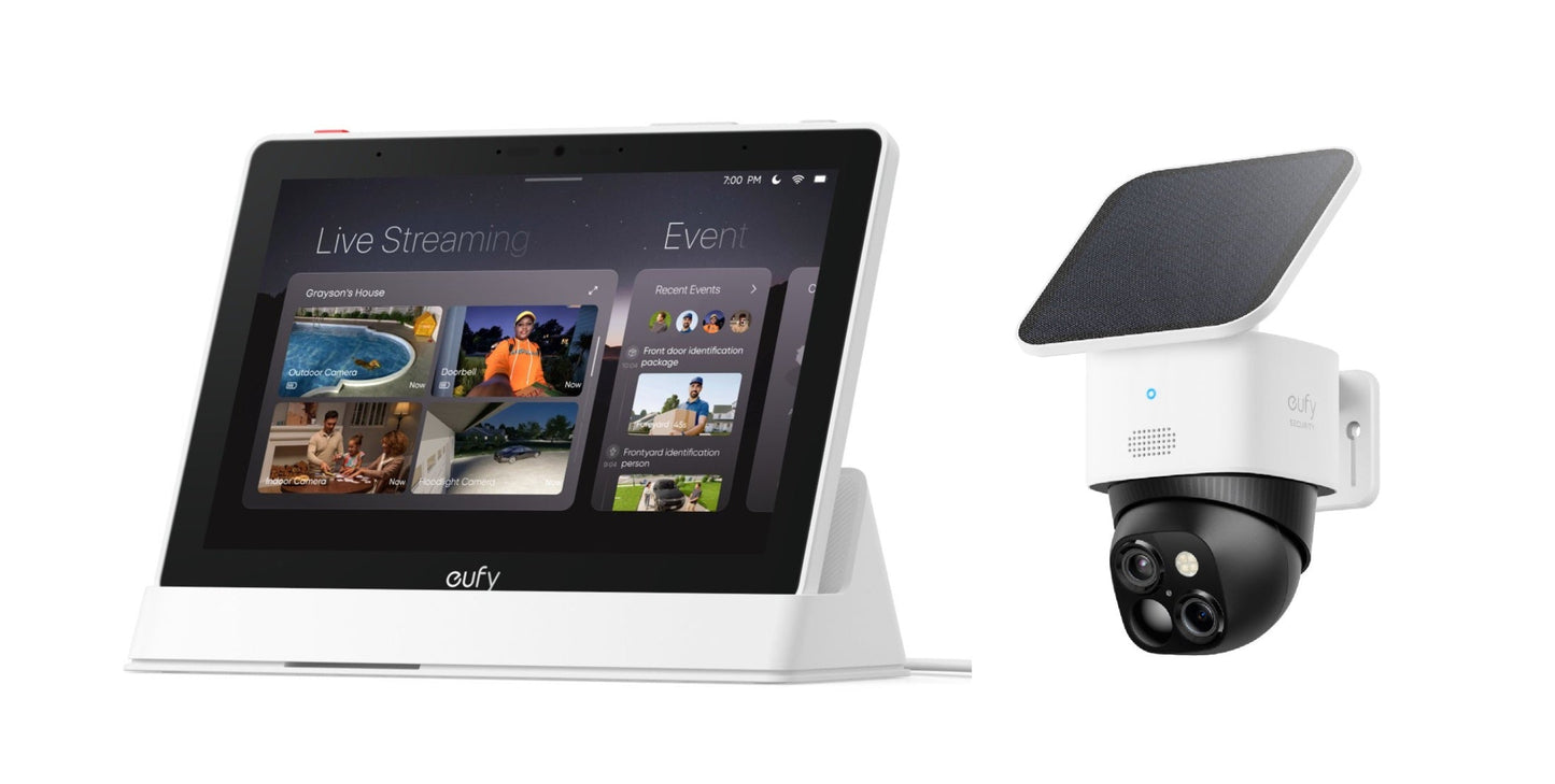 eufy E10 Smart Display-Slimme Home Hub, 8" Bedieningspaneel - Wit + eufy Security S340 Solocamera – SoloCam - Draadloze 3K beveiligingscamera voor buiten met dual-lens - Wit
