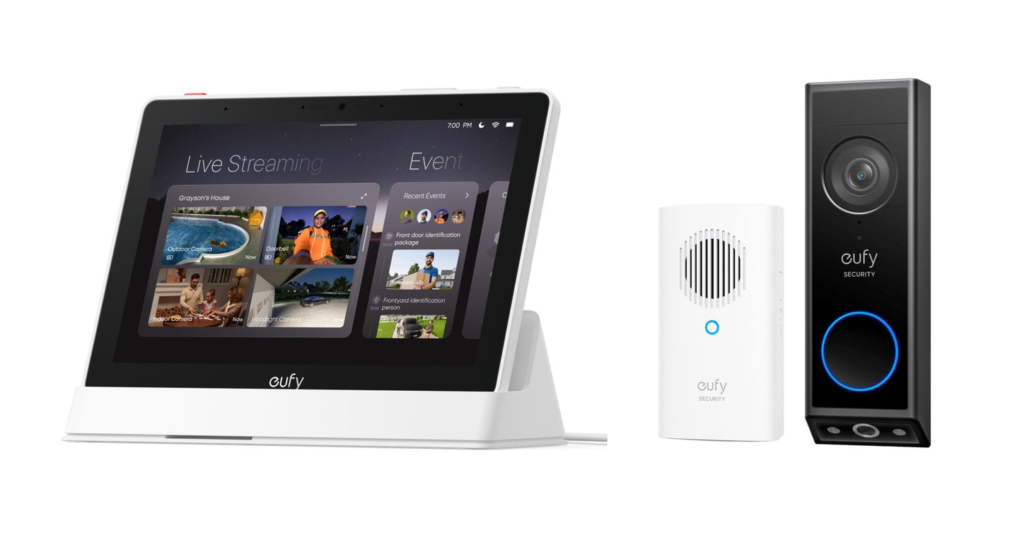 eufy E10 Smart Display-Slimme Home Hub, 8" Bedieningspaneel - Wit + eufy Security E340 Video Deurbel met Chime – Video Doorbell - Dual-Cam technologie, 2K Full HD-resolutie - Zwart met Wit Chime