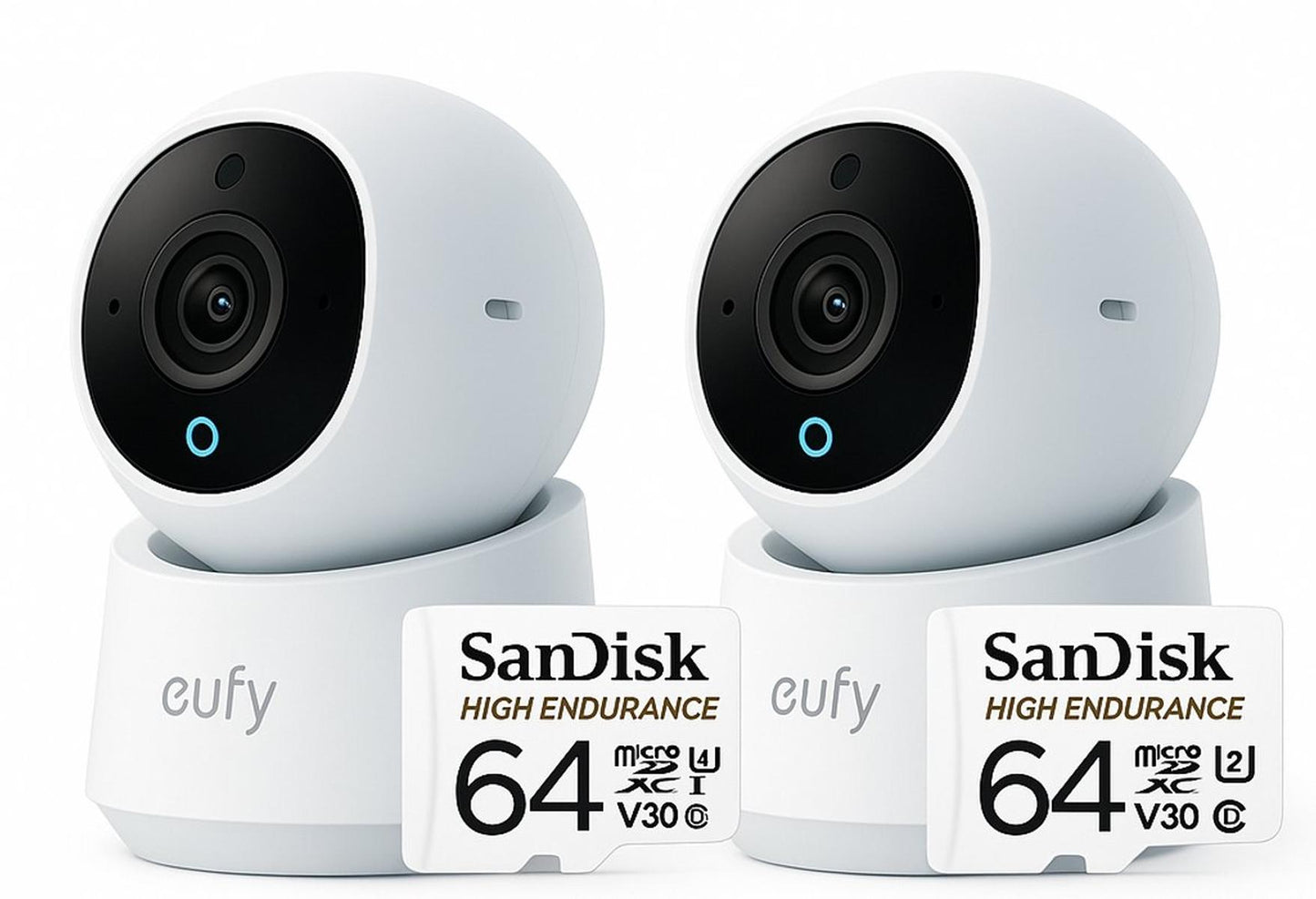 Eufy Security Indoor camera E30 2 stuks – Indoor Cam - 4K UHD – Pan & Tilt – AI Mens- en Huisdierdetectie – Kleurennachtzicht – Tweewegcommunicatie – Lokale Opslag + SanDisk High Endurance MicroSD Card 64GB, Tot 5.000 Uur Opnemen, Full HD En 4K