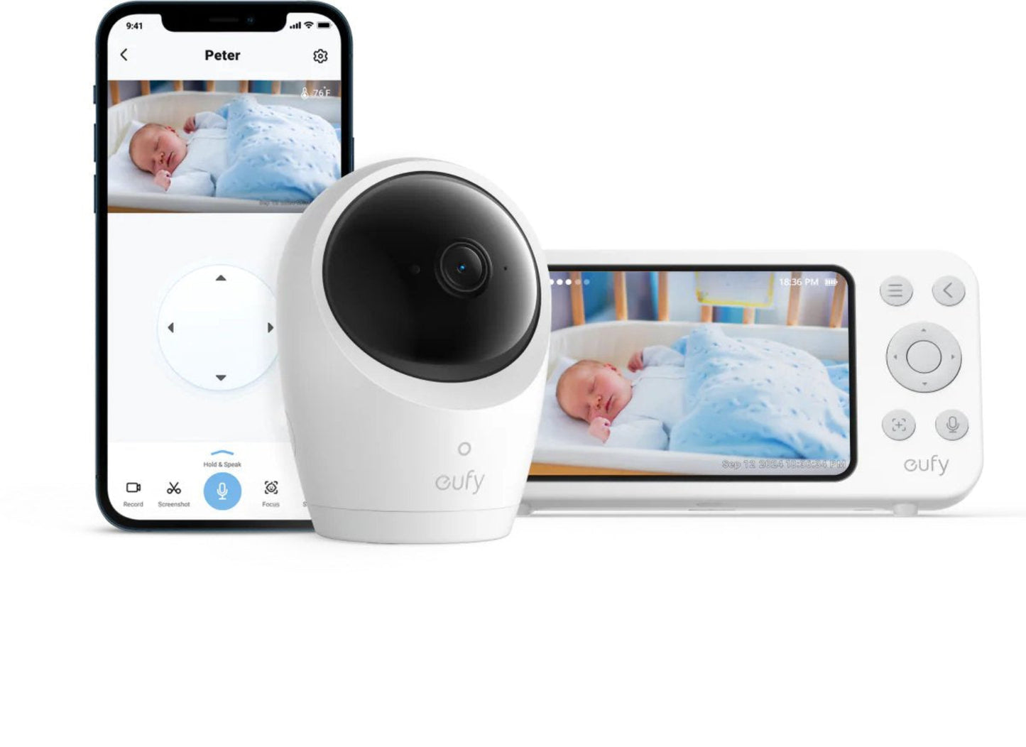 Eufy Baby E20 Babyfoon – Baby Monitor – 2K HD Resolutie – App- en Offlinebesturing – Scherp Nachtzicht – 5000mAh Accu – Intelligente Geluids- en Temperatuurmeldingen – Beveiligde Verbinding – Wit