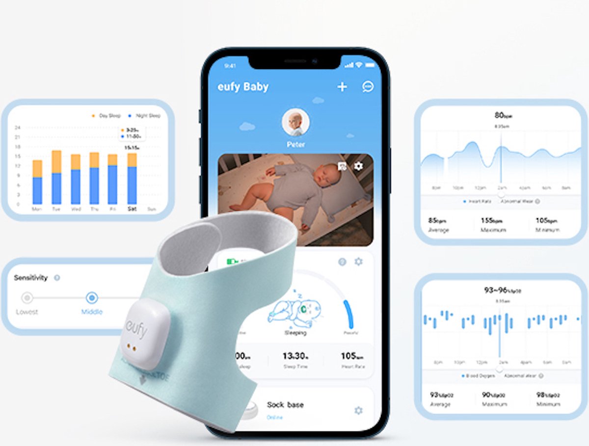 eufy Baby S340 - Smart Sock Babyfoon - 2.4 GHz Wi-Fi - Houd slaappatronen, dutjes, hartslag en bloedzuurstof bij - Voor kinderen van 0 tot 18 maanden.