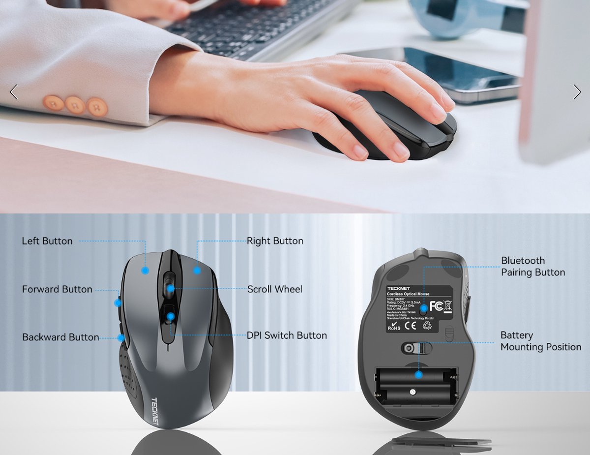 TeckNet Pro Bluetooth Wireless Mouse | 3200DPI / 5 levels - Gray