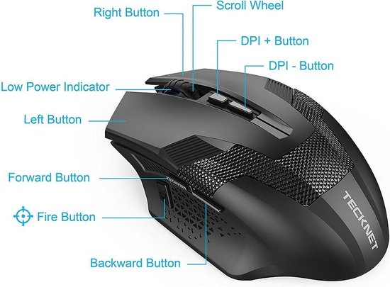 Ergonomische LED Illuminated Gaming Muis 2.4 GHz - Draadloos - Zwart - 6 Knoppen - Optische Muis, Instelbaar DPI (Tot 4000) - PC + MAC