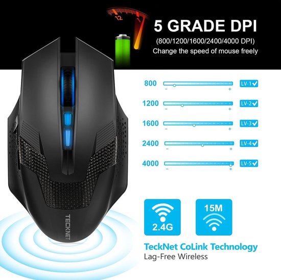 Ergonomische LED Illuminated Gaming Muis 2.4 GHz - Draadloos - Zwart - 6 Knoppen - Optische Muis, Instelbaar DPI (Tot 4000) - PC + MAC