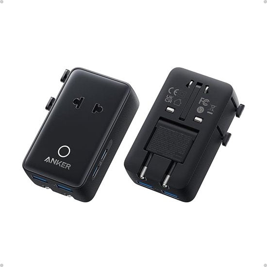 Anker Nano reisadapter, USB-stekker 5-poorts stroomadapter met 1 AC, 2 USB-A en 2 USB-C poorten, slimme temperatuurregeling, compatibel met alle landen en regio’s, ideaal voor op reis - zilver