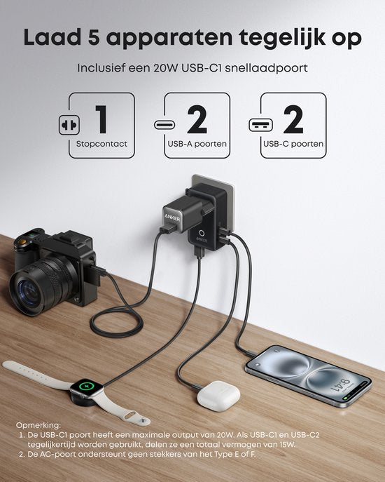 Anker Nano reisadapter, USB-stekker 5-poorts stroomadapter met 1 AC, 2 USB-A en 2 USB-C poorten, slimme temperatuurregeling, compatibel met alle landen en regio’s, ideaal voor op reis - zilver