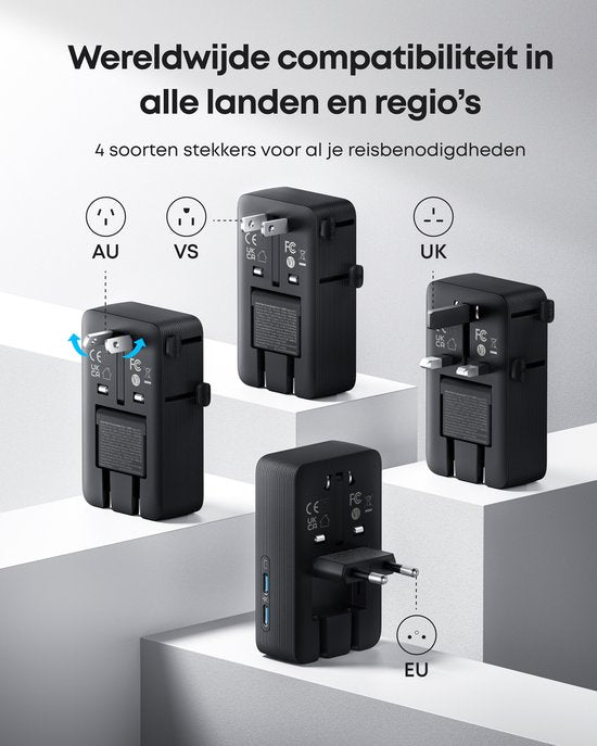 Anker Nano reisadapter, USB-stekker 5-poorts stroomadapter met 1 AC, 2 USB-A en 2 USB-C poorten, slimme temperatuurregeling, compatibel met alle landen en regio’s, ideaal voor op reis - zilver