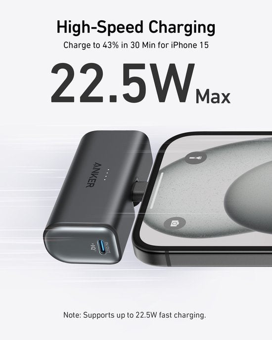 Anker-Nano Powerbank-5000 mAh powerbank 22,5 W- geïntegreerde opvouwbare USB-C-connector-compatibel met iPhone 15, Samsung S22/23-serie, Note20/10-serie, Huawei, iPad Pro/Air, AirPods en meer