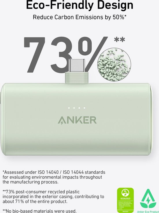 Anker-Nano Powerbank-5000 mAh powerbank 22,5 W- geïntegreerde opvouwbare USB-C-connector-compatibel met iPhone 15, Samsung S22/23-serie, Note20/10-serie, Huawei, iPad Pro/Air, AirPods en meer