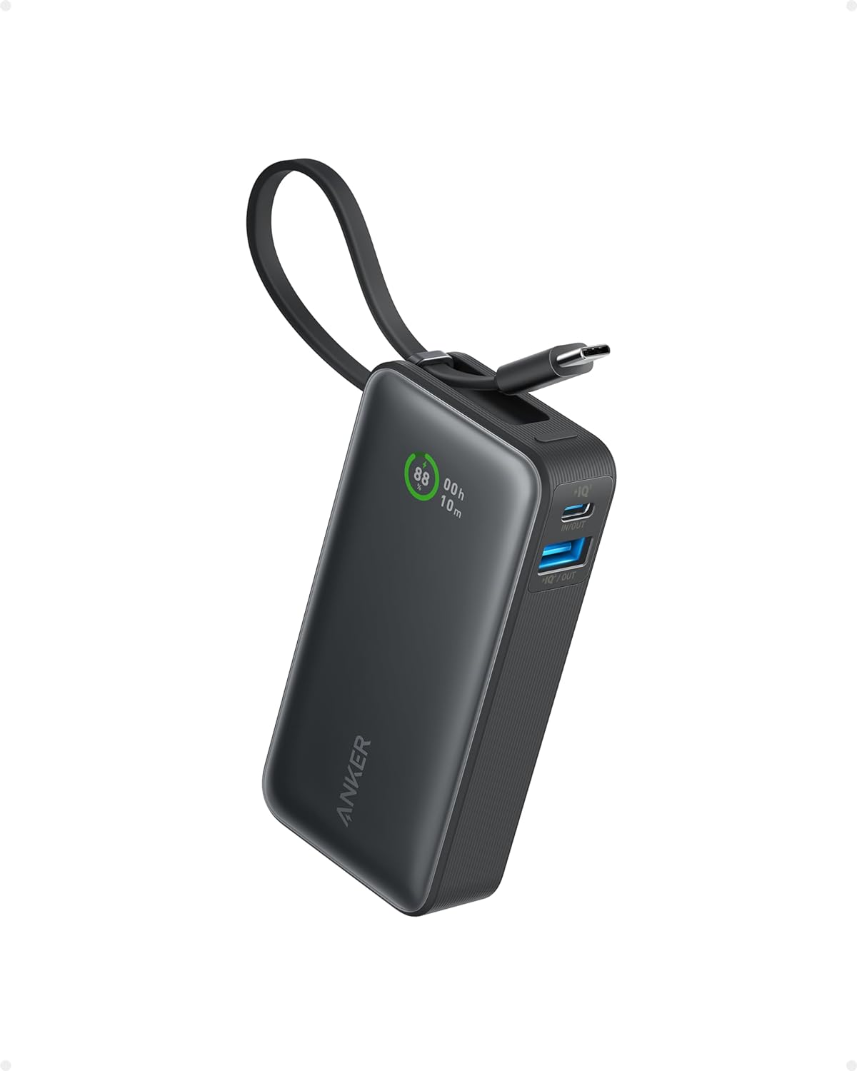 Anker-Nano powerbank-10.000 mAh powerbank met ingebouwde USB-C-kabel -PD 30 W maximaal vermogen met 1 x USB-C, 1 x USB-A, compatibel met iPhone 15/14-serie, MacBook, Galaxy, iPad, AirPods en nog veel