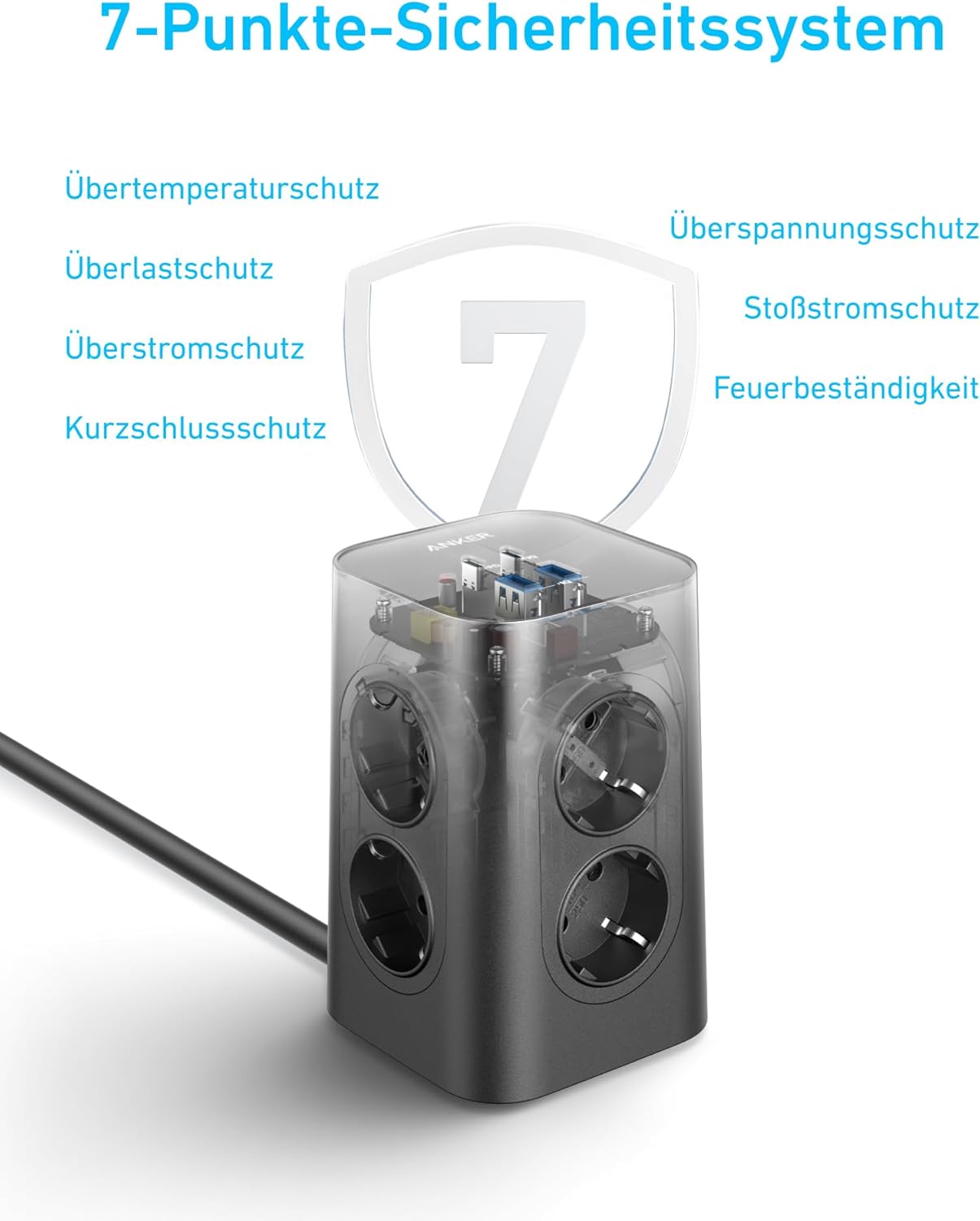 Anker Meervoudig stopcontact met schakelaar, 8-voudige stekkerdoos, stekkerdoos met 4 USB, 20 W USB C-snel opladen, meervoudige stopcontact, overspanningsbeveiliging, 2 m kabel, stekkertoren voor
