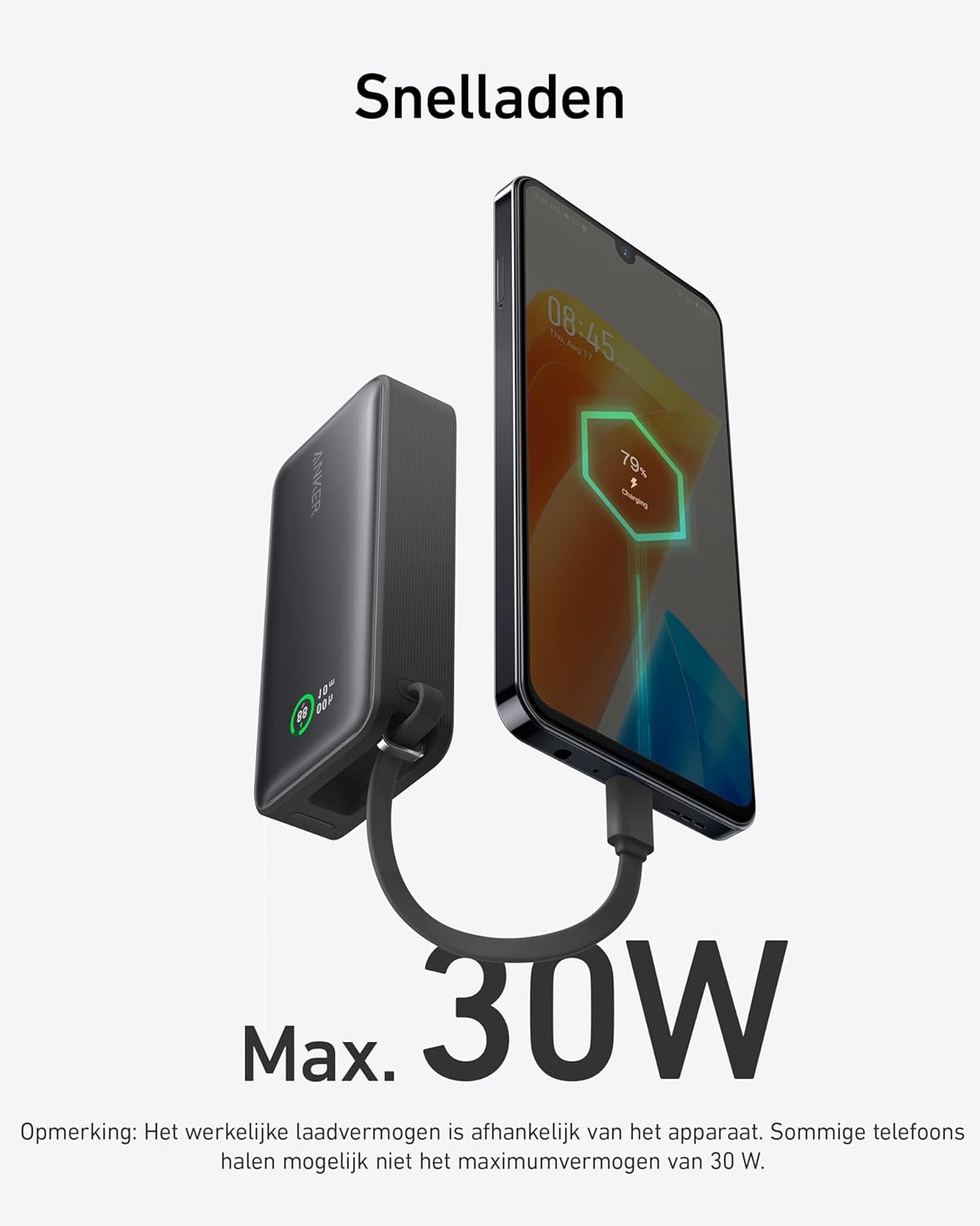 Anker-Nano powerbank-10.000 mAh powerbank met ingebouwde USB-C-kabel -PD 30 W maximaal vermogen met 1 x USB-C, 1 x USB-A, compatibel met iPhone 15/14-serie, MacBook, Galaxy, iPad, AirPods en nog veel