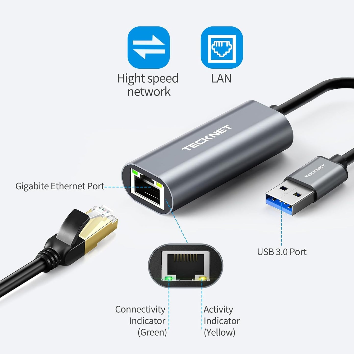 Tecknet USB 3.0 naar Ethernet adapter - 1000Mbps - RJ45 - Windows/Mac - Aluminium behuizing