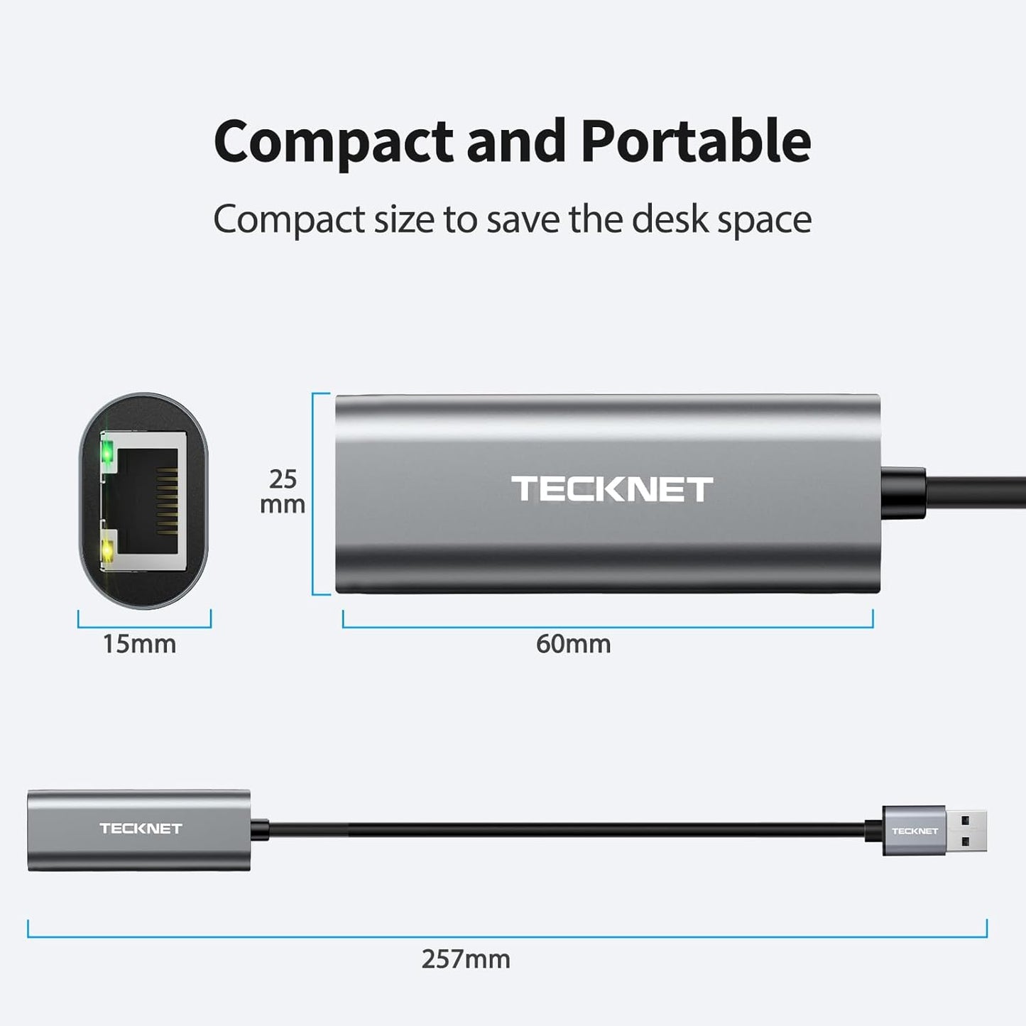 Tecknet USB 3.0 naar Ethernet adapter - 1000Mbps - RJ45 - Windows/Mac - Aluminium behuizing