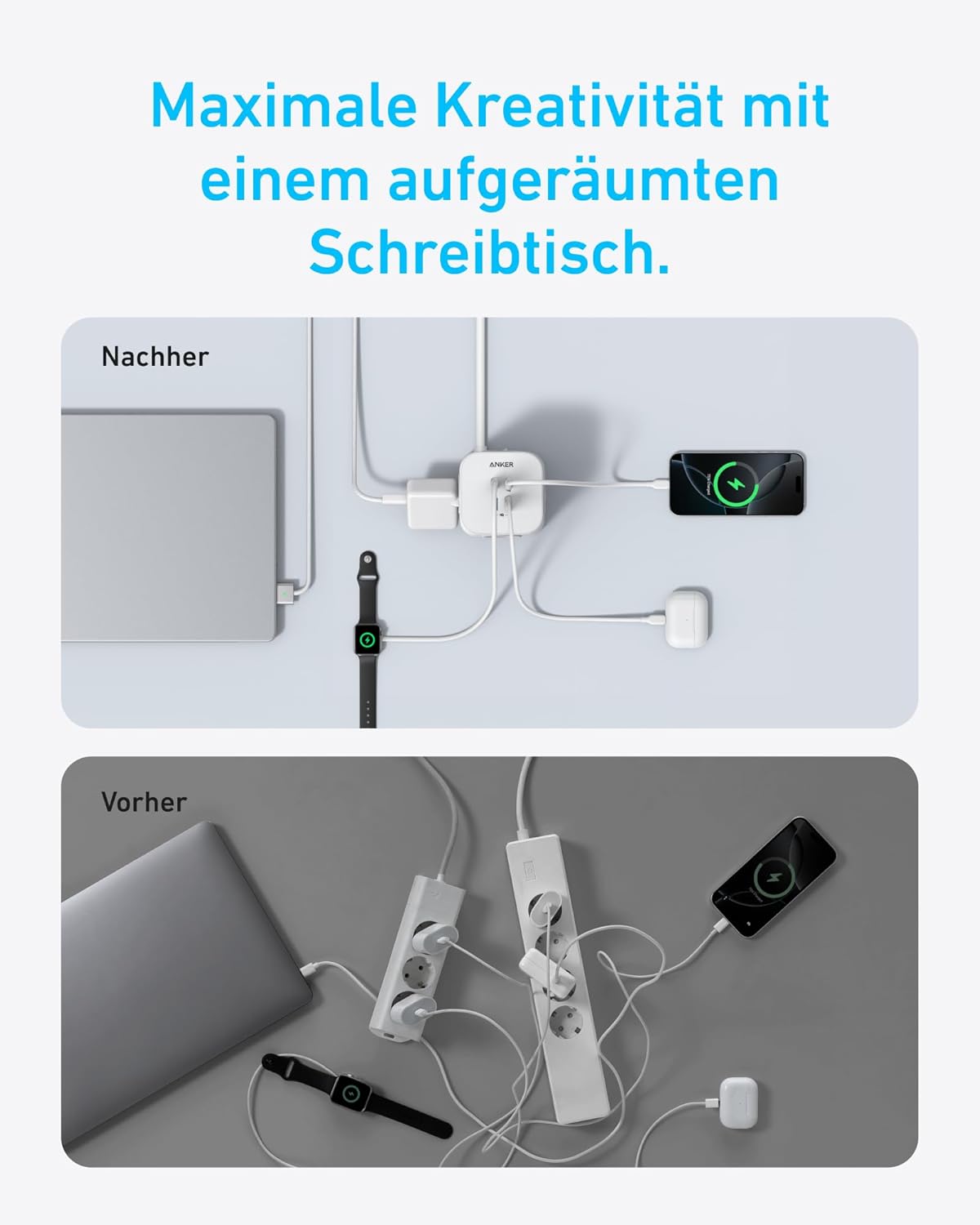 Anker Meervoudig stopcontact met schakelaar, 8-voudige stekkerdoos, stekkerdoos met 4 USB, 20 W USB C-snel opladen, meervoudige stopcontact, overspanningsbeveiliging, 2 m kabel, stekkertoren voor