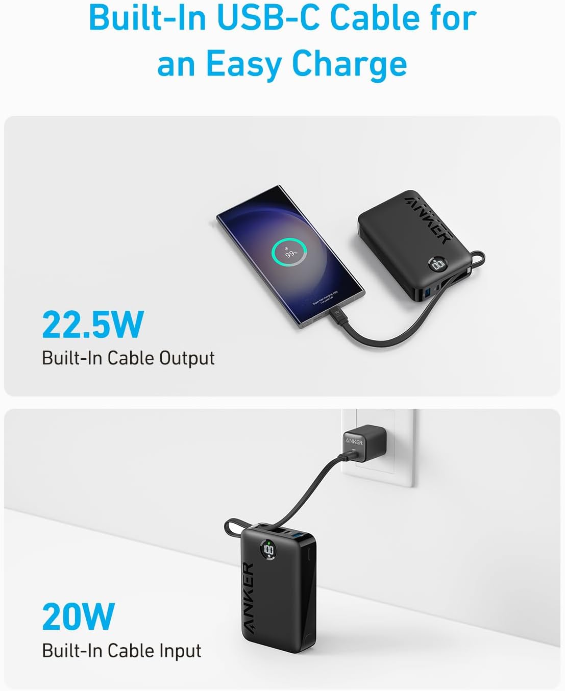 Anker-draagbare oplader-20.000mAh-powerbank met geïntegreerde USB-C-kabel die met 22,5 W kan opladen-1 USB-C- en 1 USB-A-poort