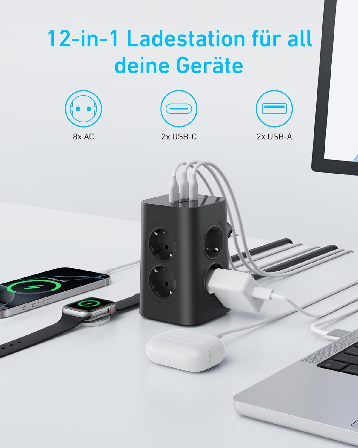 Anker Meervoudig stopcontact met schakelaar, 8-voudige stekkerdoos, stekkerdoos met 4 USB, 20 W USB C-snel opladen, meervoudige stopcontact, overspanningsbeveiliging, 2 m kabel, stekkertoren voor
