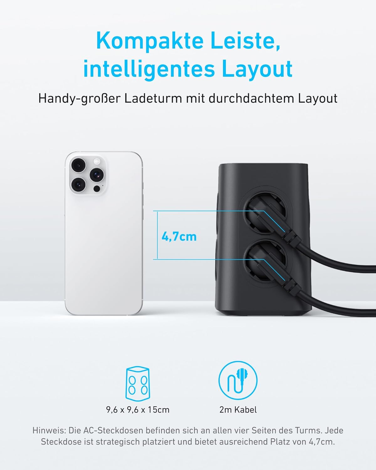 Anker Meervoudig stopcontact met schakelaar, 8-voudige stekkerdoos, stekkerdoos met 4 USB, 20 W USB C-snel opladen, meervoudige stopcontact, overspanningsbeveiliging, 2 m kabel, stekkertoren voor