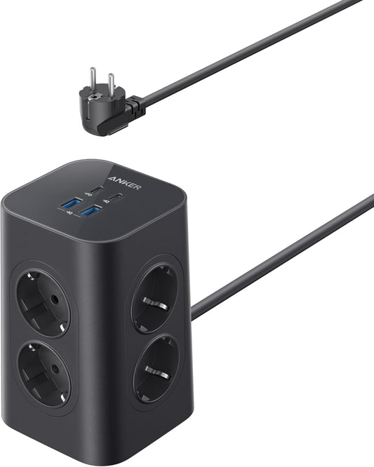 Anker Meervoudig stopcontact met schakelaar, 8-voudige stekkerdoos, stekkerdoos met 4 USB, 20 W USB C-snel opladen, meervoudige stopcontact, overspanningsbeveiliging, 2 m kabel, stekkertoren voor