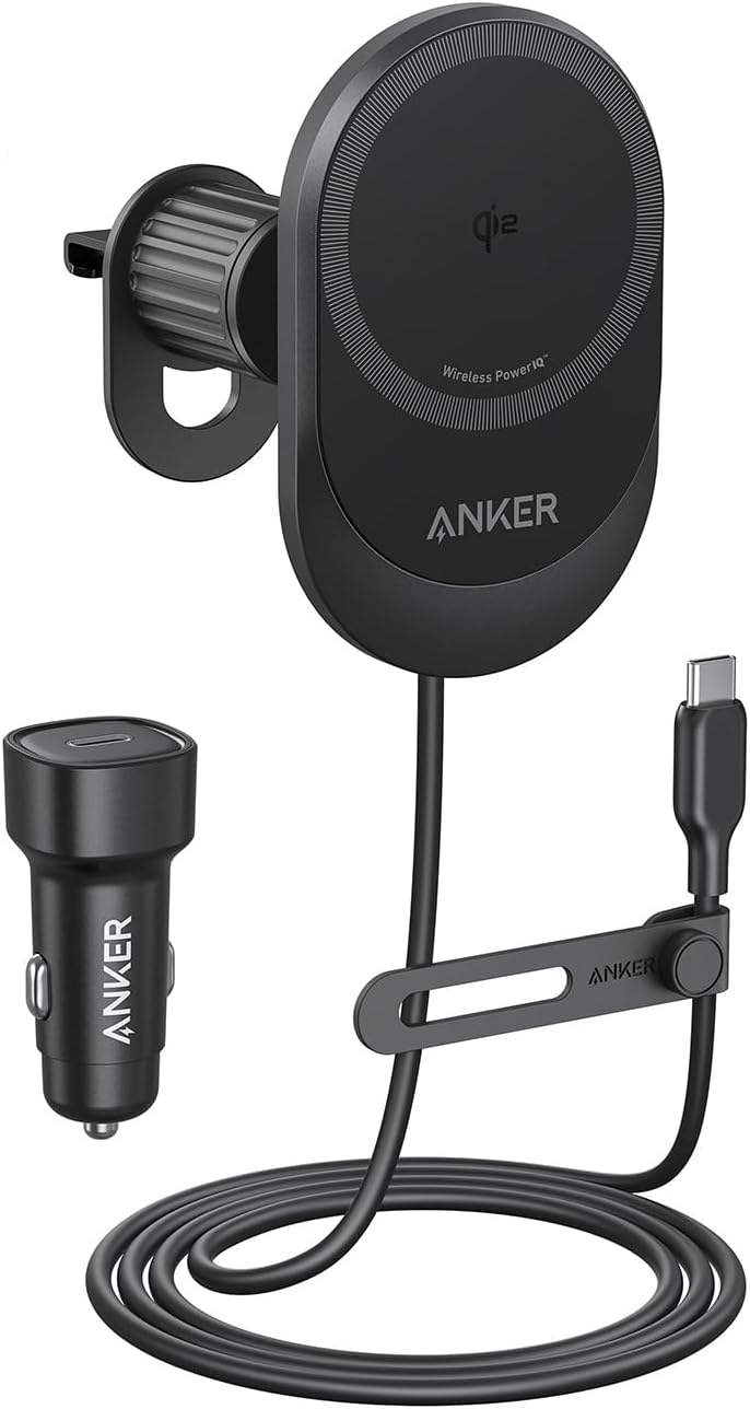 Anker MagSafe Draadloze autolader compatibel, MagGo 15W Qi2-oplader, 360° verstelbare hoek en sterke magneten, houder voor autotelefoon, voor iPhone 15/14-serie (inclusief kabel en USB C-autolader)