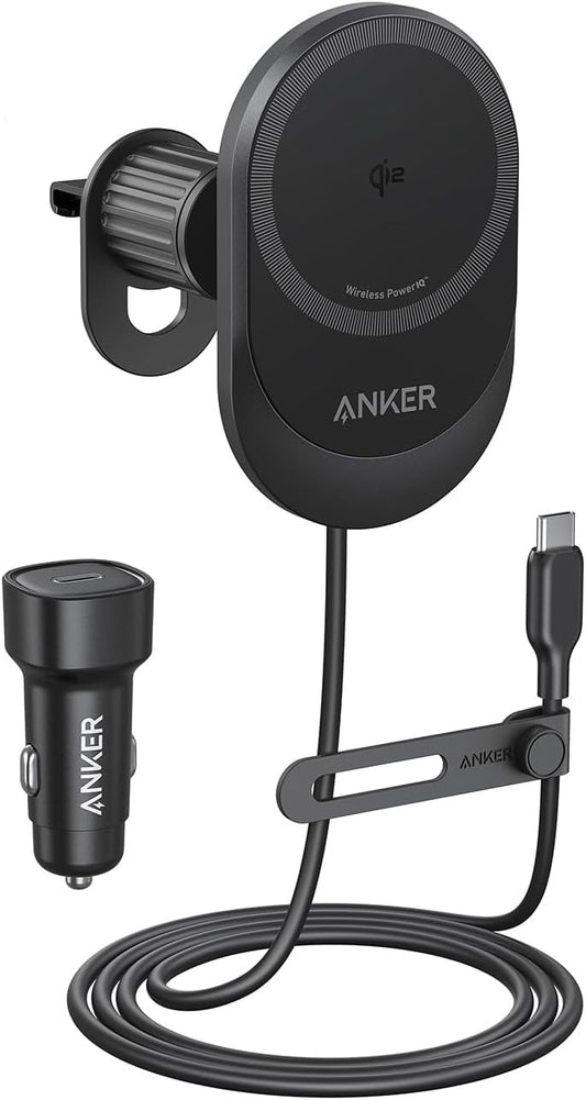 Anker MagSafe Draadloze autolader compatibel, MagGo 15W Qi2-oplader, 360° verstelbare hoek en sterke magneten, houder voor autotelefoon, voor iPhone 15/14-serie (inclusief kabel en USB C-autolader)