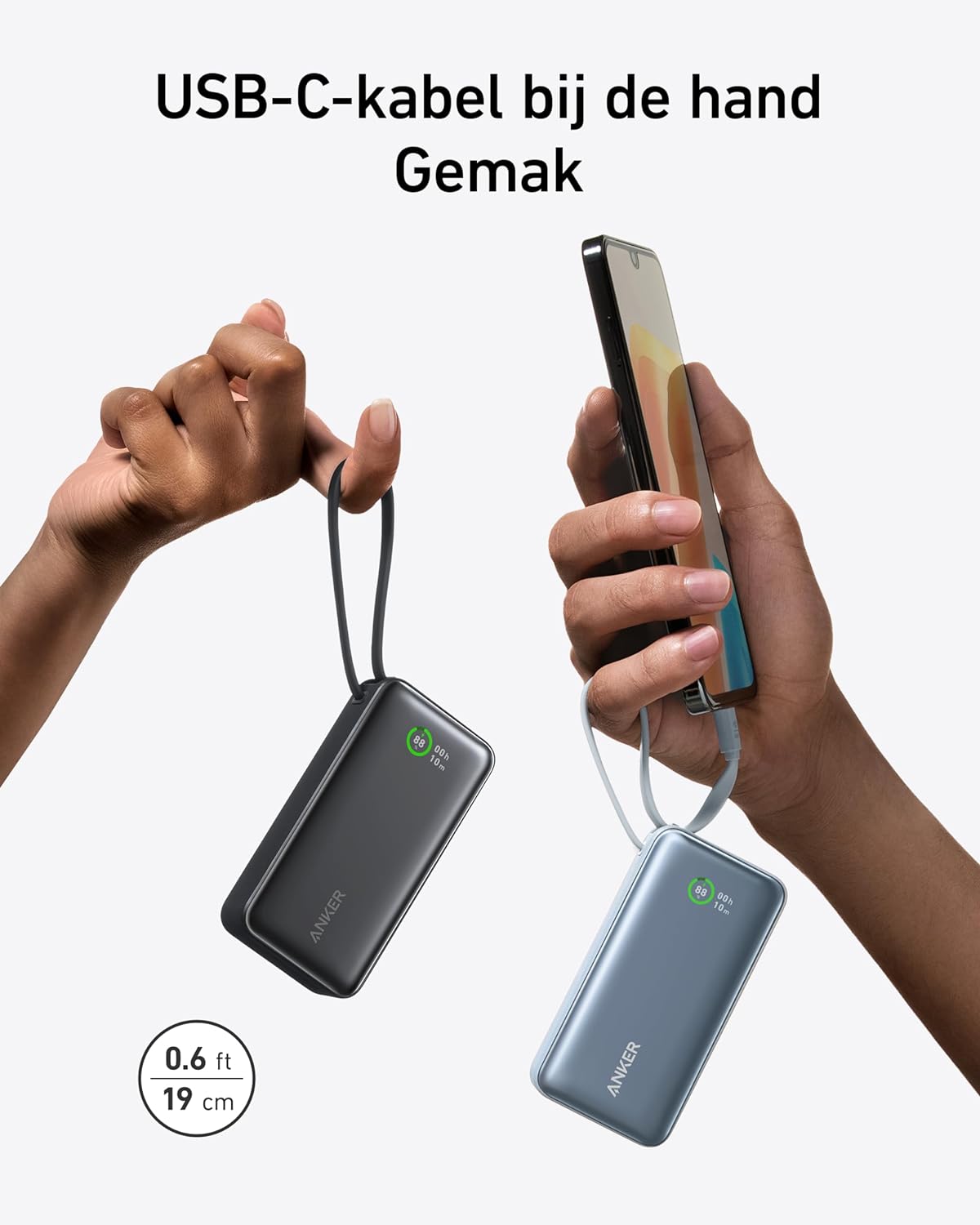 Anker-Nano powerbank-10.000 mAh powerbank met ingebouwde USB-C-kabel -PD 30 W maximaal vermogen met 1 x USB-C, 1 x USB-A, compatibel met iPhone 15/14-serie, MacBook, Galaxy, iPad, AirPods en nog veel