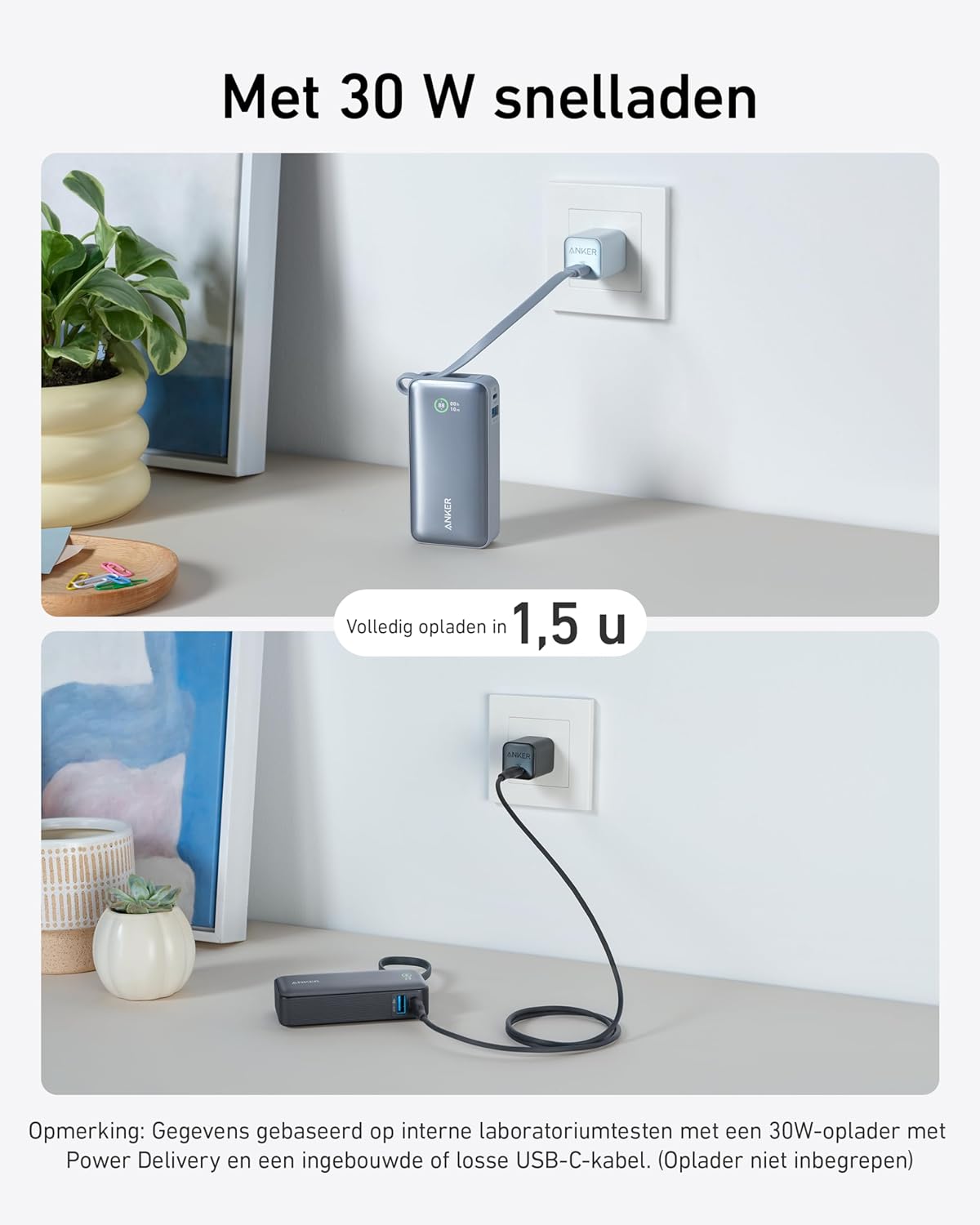 Anker-Nano powerbank-10.000 mAh powerbank met ingebouwde USB-C-kabel -PD 30 W maximaal vermogen met 1 x USB-C, 1 x USB-A, compatibel met iPhone 15/14-serie, MacBook, Galaxy, iPad, AirPods en nog veel