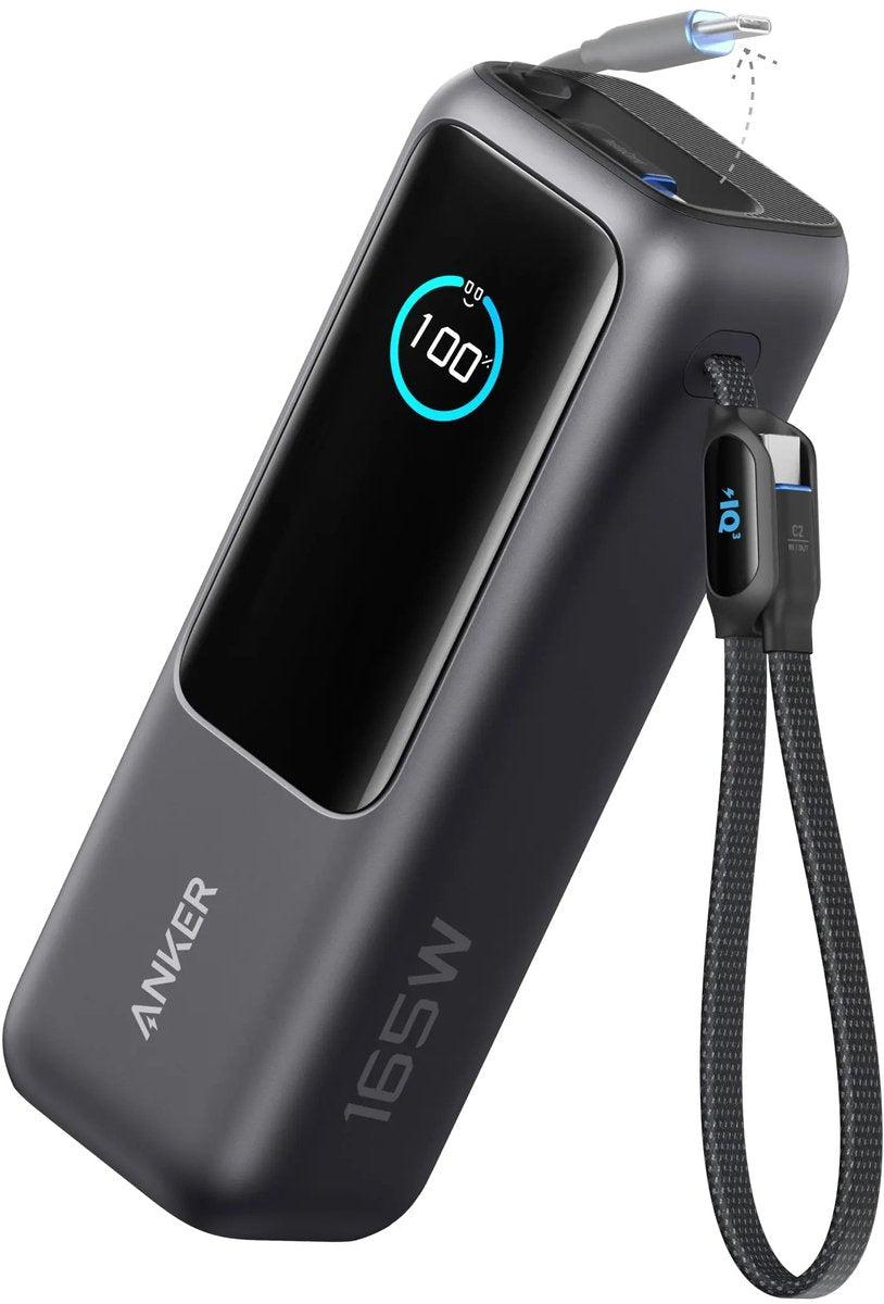 Anker PowerCore 25K Powerbank 25.000mAh - 165W - 3x 100W USB-C Poorten - Zwart - Ingebouwde Intrekbare Kabels - Real-Time Smart Display - Vliegtuigvriendelijk Ontwerp