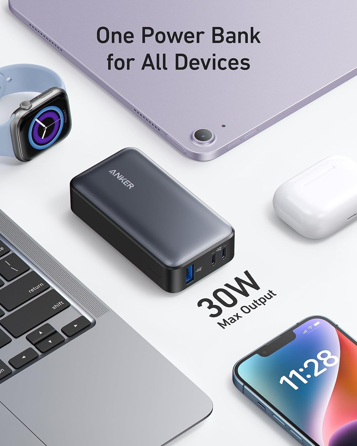 Anker -Powerbank 533 (PowerCore 30 W) met maximaal PD-uitgangsvermogen van 30 W-draagbare Power IQ 3.0-oplader, batterijpakket van 10.000 mAh