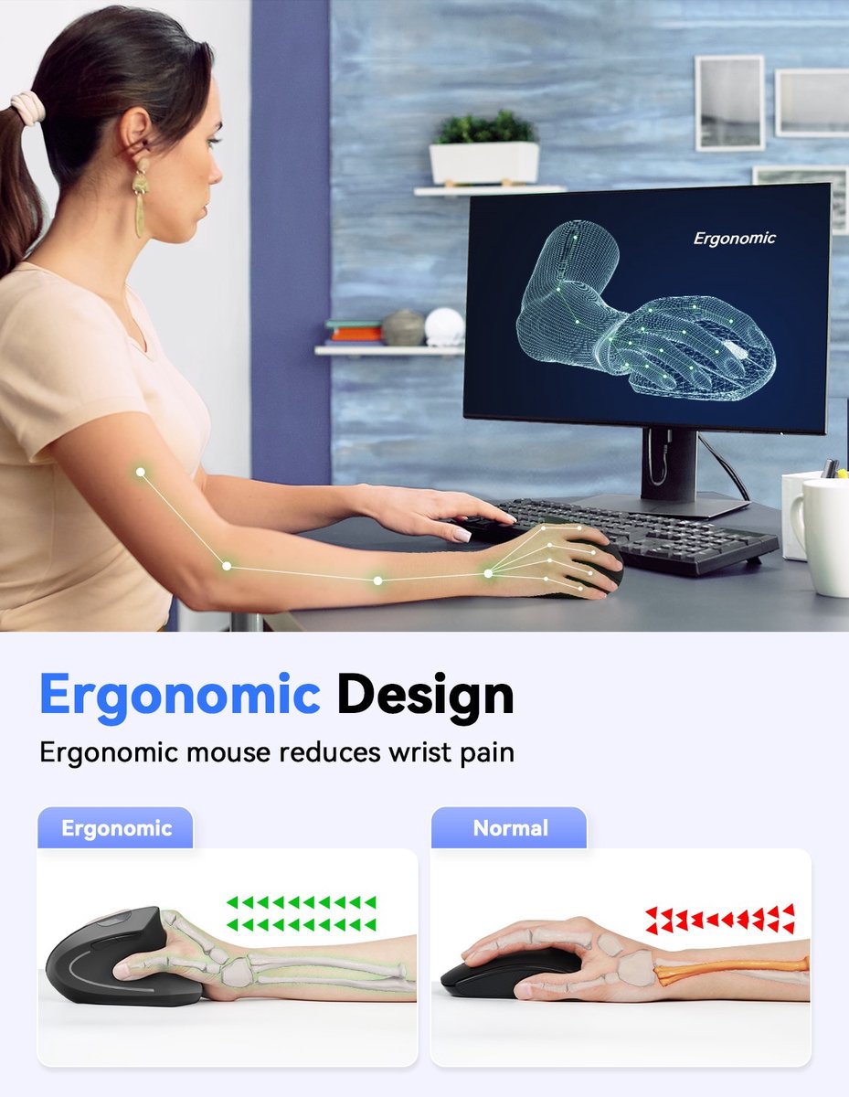 Tecknet Verticale Muis - Ergonomisch Ontworpen voor Rechtshandige - Draadloos - 6 Knoppen - 2000-1200-800 Instelbaar DPI