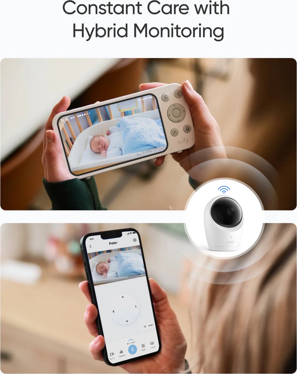 Eufy Baby E20 Babyfoon – Baby Monitor – 2K HD Resolutie – App- en Offlinebesturing – Scherp Nachtzicht – 5000mAh Accu – Intelligente Geluids- en Temperatuurmeldingen – Beveiligde Verbinding – Wit