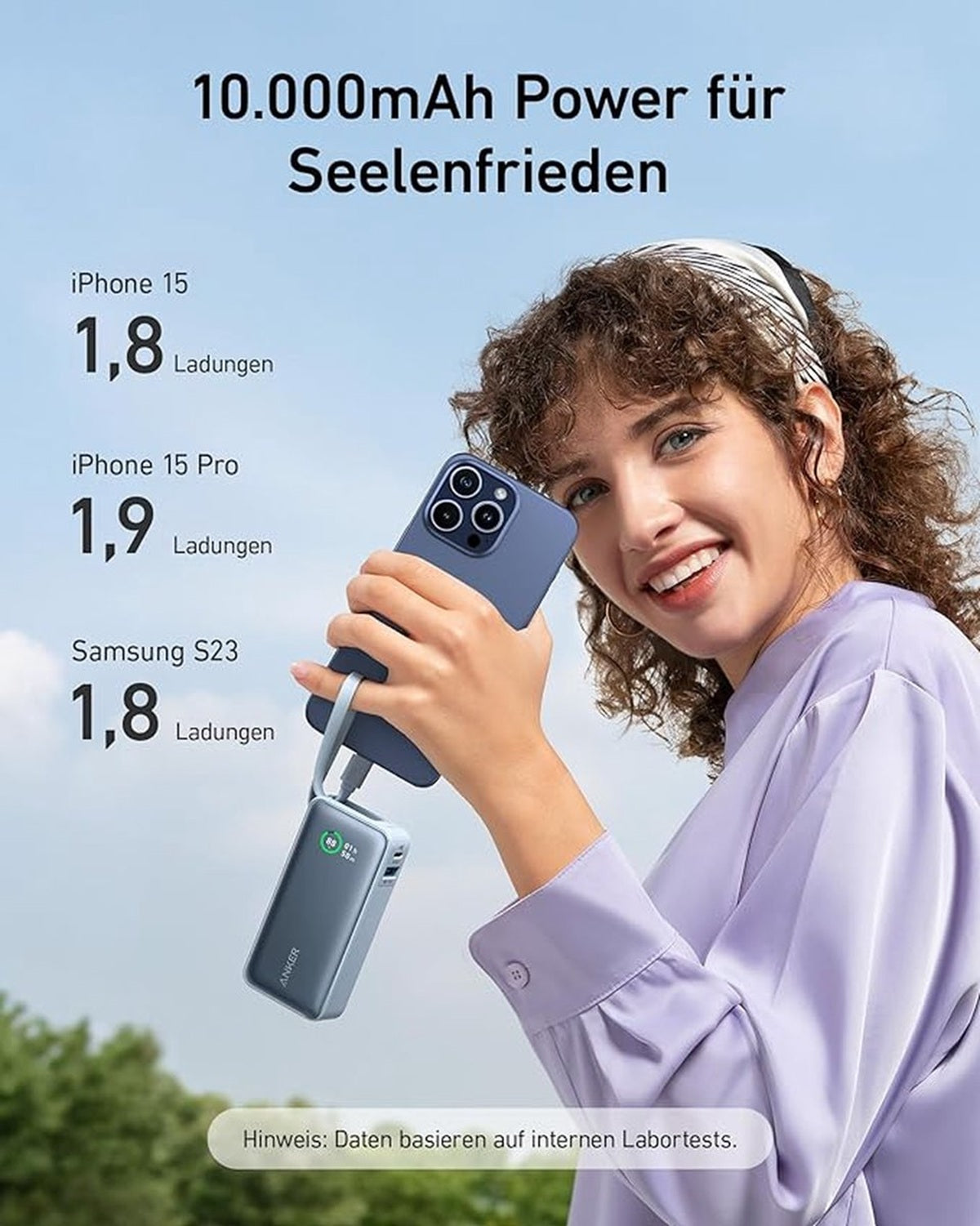 Anker-Nano powerbank-10.000 mAh powerbank roze met ingebouwde USB-C-kabel -PD 30 W maximaal vermogen met 1 x USB-C, 1 x USB-A