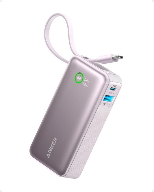 Anker-Nano powerbank-10.000 mAh powerbank roze met ingebouwde USB-C-kabel -PD 30 W maximaal vermogen met 1 x USB-C, 1 x USB-A