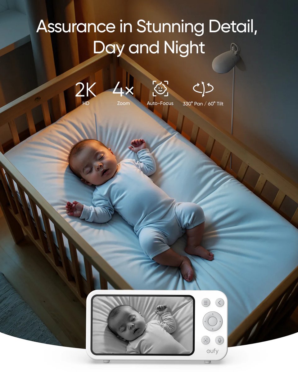 Eufy Baby E20 Babyfoon – Baby Monitor – 2K HD Resolutie – App- en Offlinebesturing – Scherp Nachtzicht – 5000mAh Accu – Intelligente Geluids- en Temperatuurmeldingen – Beveiligde Verbinding – Wit