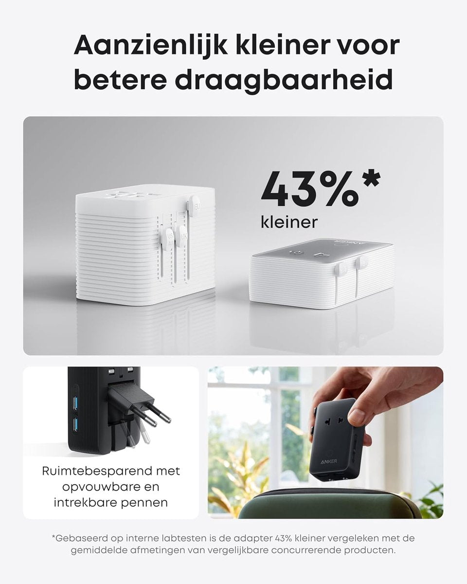 Anker PowerCore 25K Powerbank 25.000mAh - 165W - 3x 100W USB-C Poorten - Zilver + Anker Nano reisadapter, USB-stekker 5-poorts stroomadapter met 1 AC, 2 USB-A en 2 USB-C poorten - Zilver