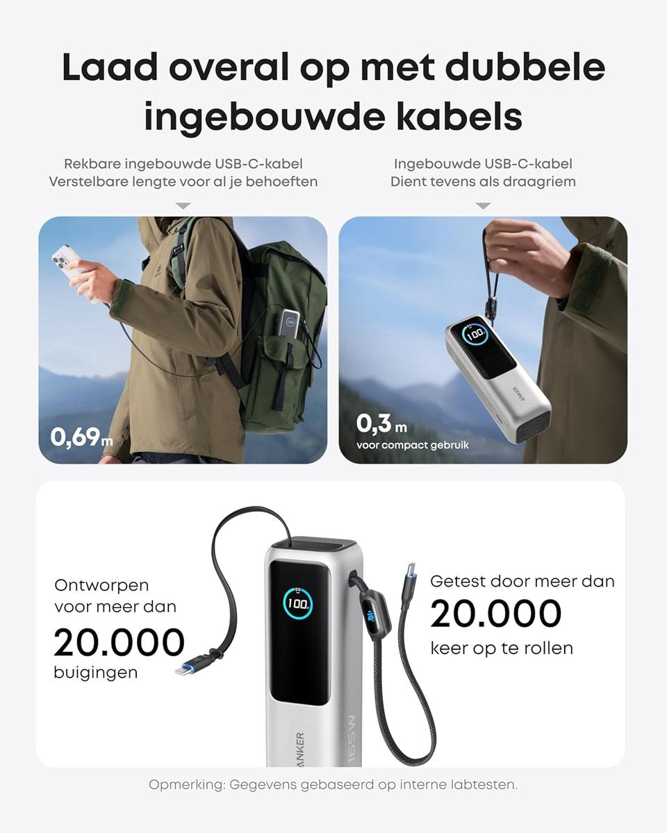 Anker PowerCore 25K Powerbank 25.000mAh - 165W - 3x 100W USB-C Poorten - Zilver + Anker Nano reisadapter, USB-stekker 5-poorts stroomadapter met 1 AC, 2 USB-A en 2 USB-C poorten - Zilver