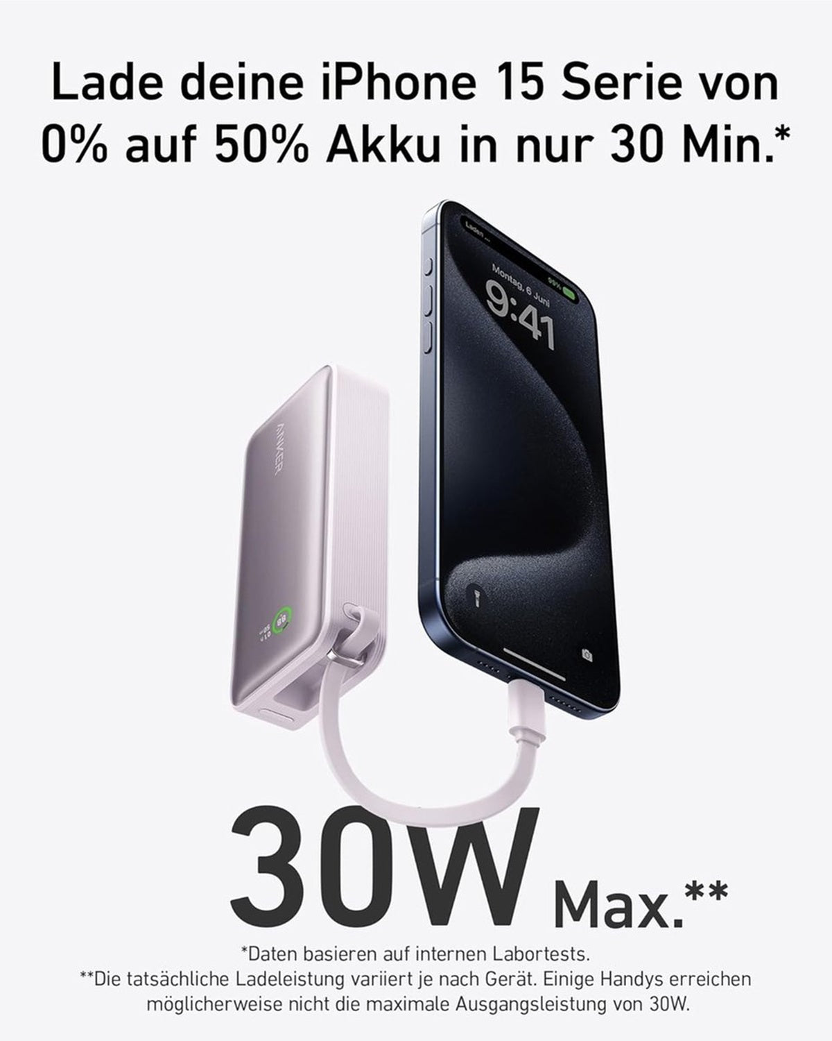Anker-Nano powerbank-10.000 mAh powerbank roze met ingebouwde USB-C-kabel -PD 30 W maximaal vermogen met 1 x USB-C, 1 x USB-A
