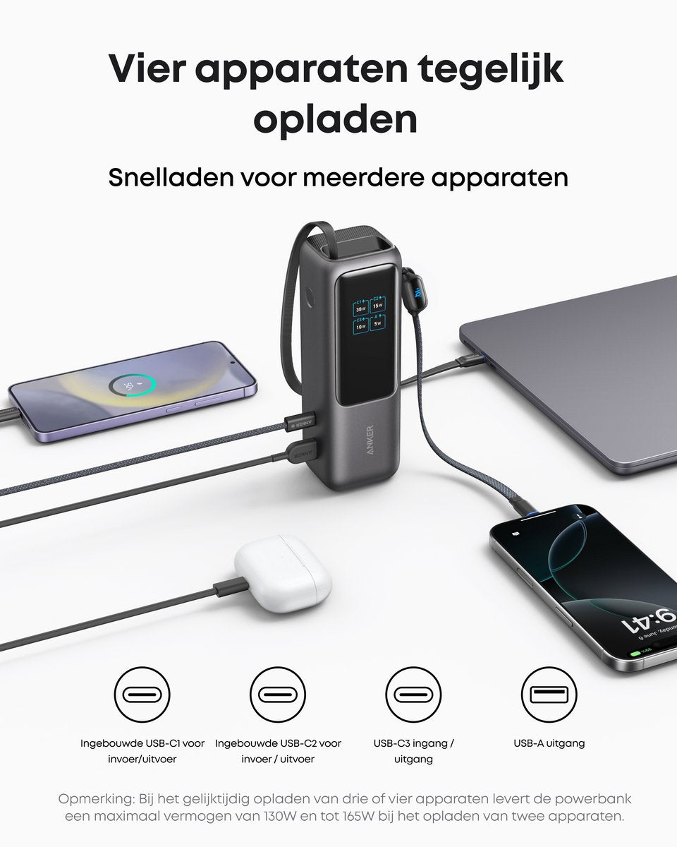Anker PowerCore 25K Powerbank 25.000mAh - 165W - 3x 100W USB-C Poorten - Zwart - Ingebouwde Intrekbare Kabels - Real-Time Smart Display - Vliegtuigvriendelijk Ontwerp