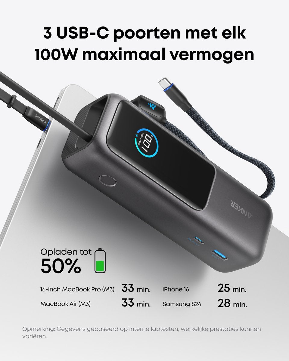 Anker PowerCore 25K Powerbank 25.000mAh - 165W - 3x 100W USB-C Poorten - Zwart - Ingebouwde Intrekbare Kabels - Real-Time Smart Display - Vliegtuigvriendelijk Ontwerp