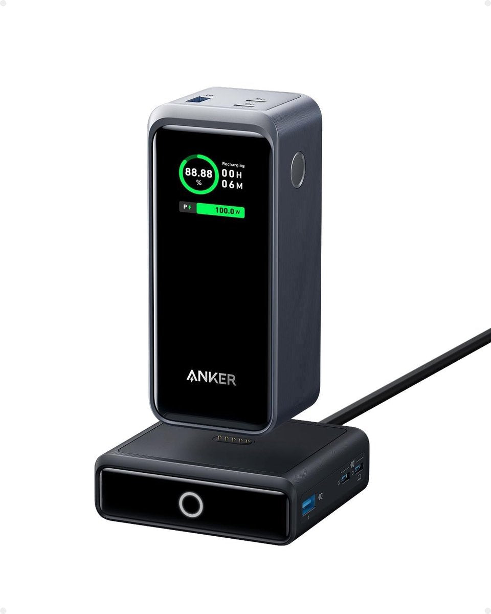 Anker 735 Prime (200W) Powerbank grijs voor MacBook/Laptop 20.000 mAh + Charging Base-100W Fast Charging with 4 Ports