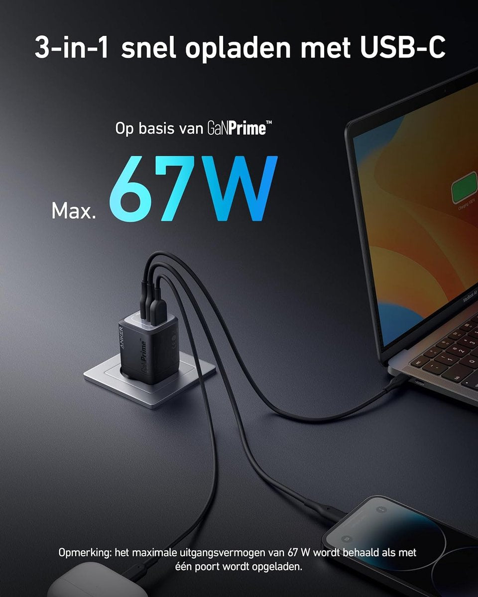 Anker Prime GaN 67W USB Oplader, 3-Poort Quick Charger