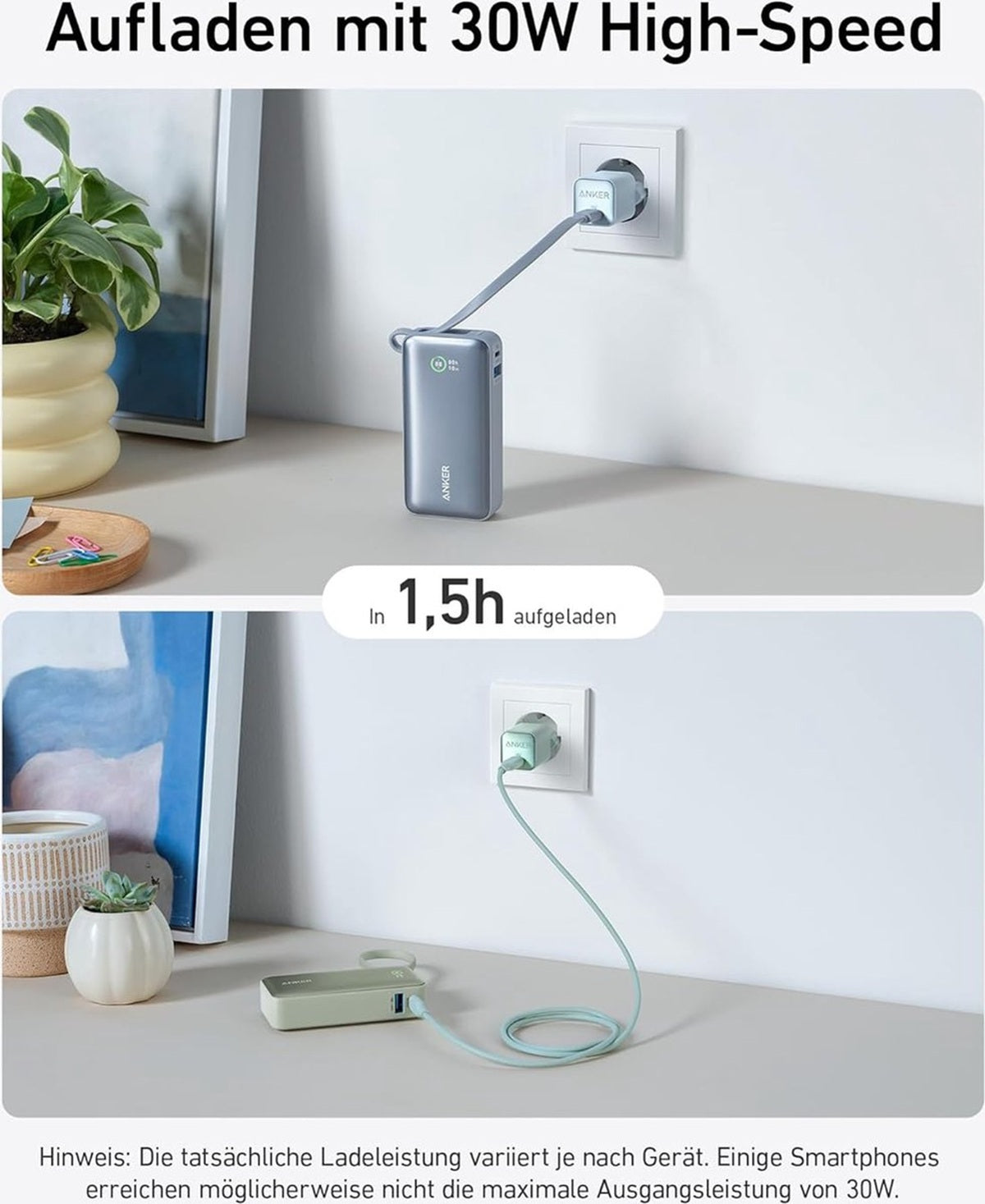 Anker-Nano powerbank-10.000 mAh powerbank roze met ingebouwde USB-C-kabel -PD 30 W maximaal vermogen met 1 x USB-C, 1 x USB-A