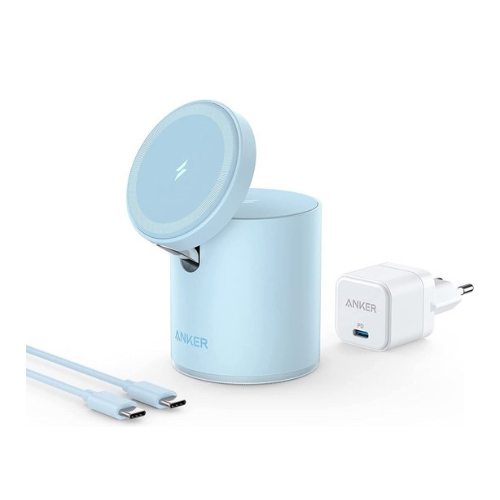 Anker 623 Magnetische draadloze oplader (MagGo) Misty Blue, 2-in-1 draadloos oplaadstation met 20W USB C Charger, voor iPhone 13/12-serie, AirPods Pro